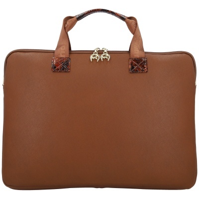 Mala de mão castanha com alças castanho padrão pele de cobra e fecho dourado golfinho