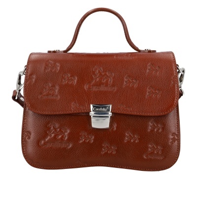 Mala de mão castanha em pele com padrão em relevo e fecho Cavalinho