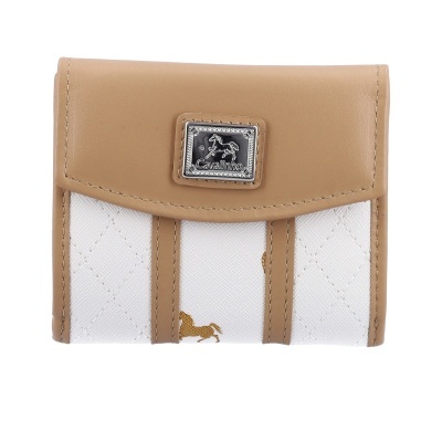 Carteira castanha e branca com placa metálica Cavalinho e padrão com cavalos.