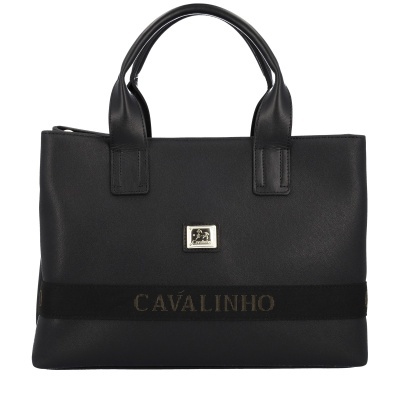 Mala preta tote com alças em couro e logo Cavalinho