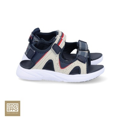 Sandálias infantis Gioseppo azul, branco e vermelho com fechos de velcro e sola branca