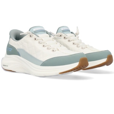 Ténis Skechers Slip-ins branco e cinza com sola branca e detalhes em azul claro
