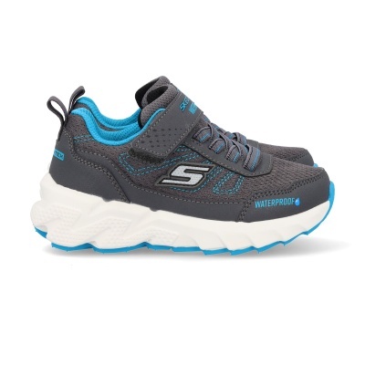 Ténis infantis cinzentos e azuis Skechers com sola branca e fecho de velcro