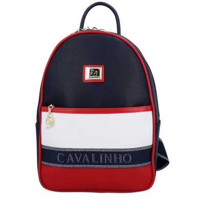 Mochila Cavalinho azul escura, branca e vermelha com fecho de zíper e texto CAVALINHO na frente.