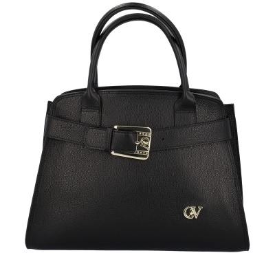 Mala de mão preta com alças e fivela dourada