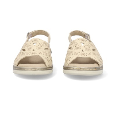 Sandálias femininas bege com padrão floral e sola branca.