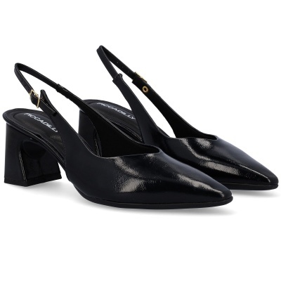 Sapatos de salto alto slingback em couro preto brilhante com salto largo e biqueira fina