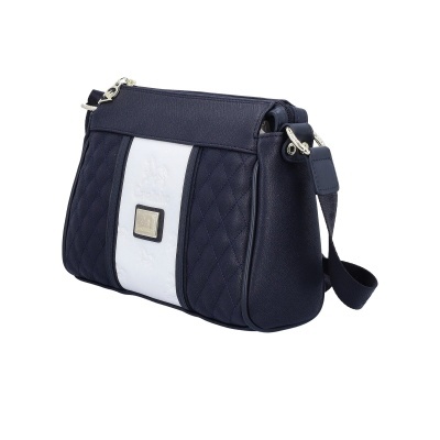 Mala azul escuro e branca com logo Cavalinho e alça ajustável