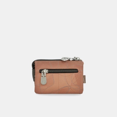 Carteira pequena cor de terra com padrão abstrato e fecho de correr