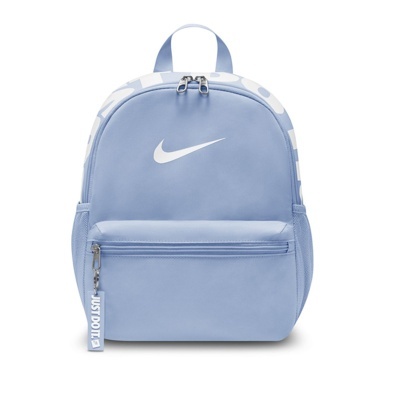 Mochila azul claro Nike com logótipo branco e pendente com texto JUST DO IT