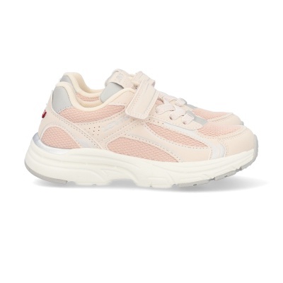 Tênis desportivo Levis bege e rosa claro com detalhes cinzentos e fecho de velcro.