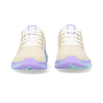 par de sapatilhas desportivas bege com sola lilás e verde água vistos de frente