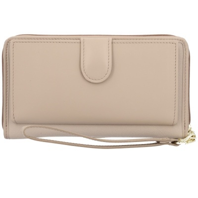 Carteira bege em pele sintética com fecho e alça de pulso