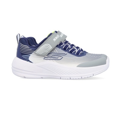 Ténis desportivo Skechers azul, cinzento e branco com fecho de velcro e atacadores elásticos.