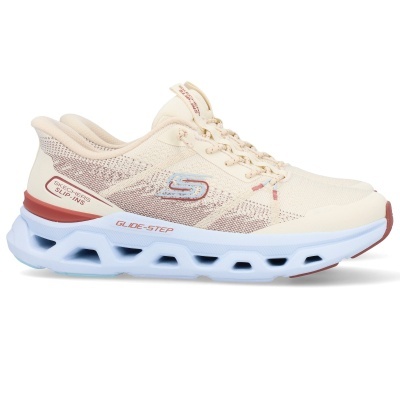 Ténis Skechers bege com sola azul e detalhes vermelhos