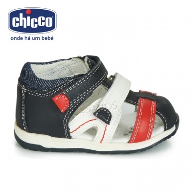 Sandália infantil Chicco em couro preto, branco, vermelho e interior azul