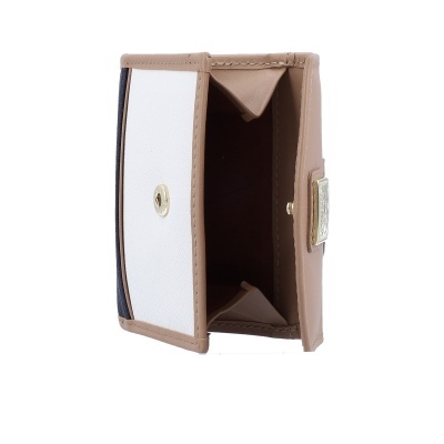 Carteira pequena feminina bege, branca e azul escuro aberta