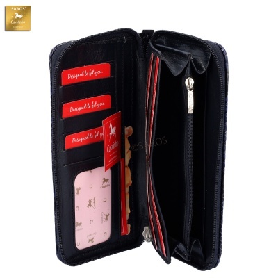 Carteira preta em pele sintética com divisórias internas e cartões vermelhos