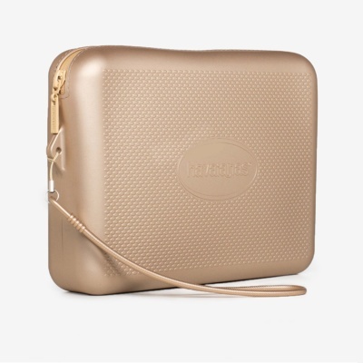 Mala rígida dourada texturizada com alça de mão fina e zíper