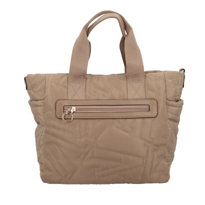 Mala de mão bege acolchoada com bolso frontal e alças em tecido