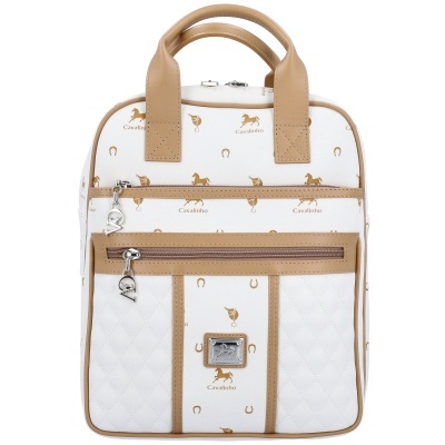 Mochila branca com padrão de cavalos e ferraduras em bege e dourado