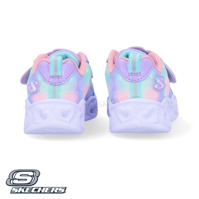 Ténis infantis Skechers com cores em tons pastel, vista traseira