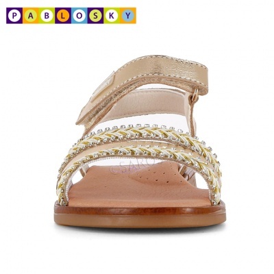 Sandália infantil Pablosky dourada e prateada com fecho de velcro