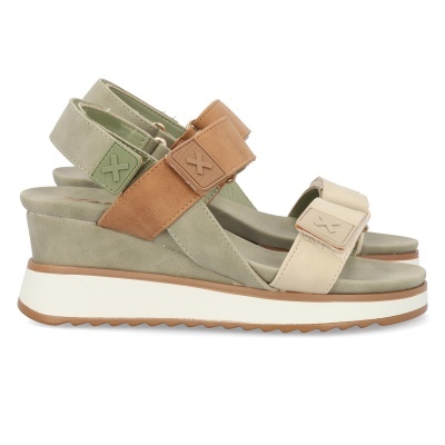 Sandálias cunha verde castanho e bege com fechos aderentes e sola branca