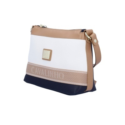 Mala de ombro Cavalinho branca, bege e azul escuro com detalhes em pele