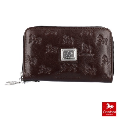 Carteira castanha escura em couro com padrão de cavalos em relevo e placa metálica Cavalinho Penaldi