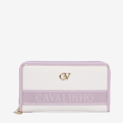 Carteira branca e lilás com logótipo dourado e faixa com texto Cavalinho