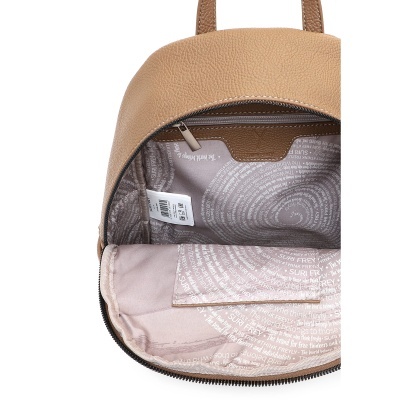 Mala castanha clara com interior estampado com texto em bege claro