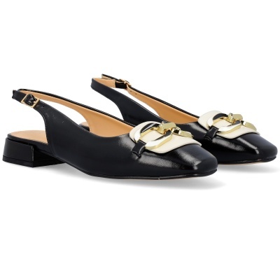 Sapatos rasos de senhora pretos com detalhe branco e dourado