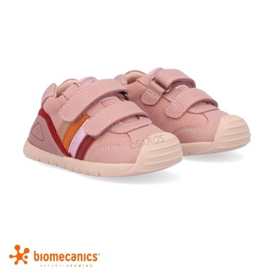 Sapatos infantis rosa com tiras de velcro e detalhes coloridos