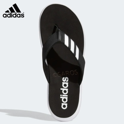 Chinelo masculino Adidas preto e branco com tiras de três riscas brancas
