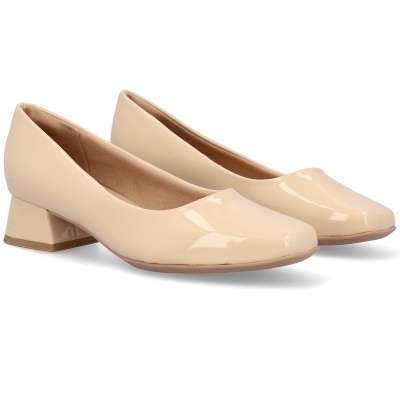 Sapatos de salto médio quadrado em verniz bege claro