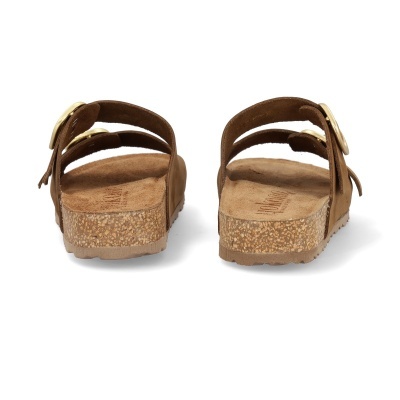 Sandálias castanhas com sola de cortiça e tiras com fivelas douradas