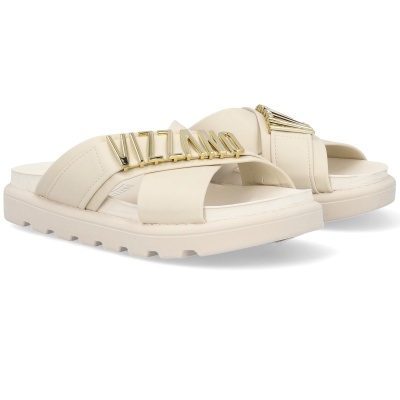 Sandálias bege com letras douradas VIZZANO e sola grossa antiderrapante