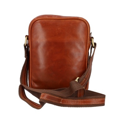 Mala pequena de ombro em couro castanho com alça ajustável de tecido castanho.