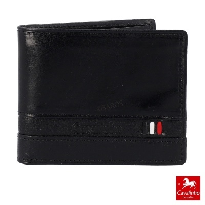 Carteira preta em couro com riscas coloridas e logo Cavalinho Penafiel