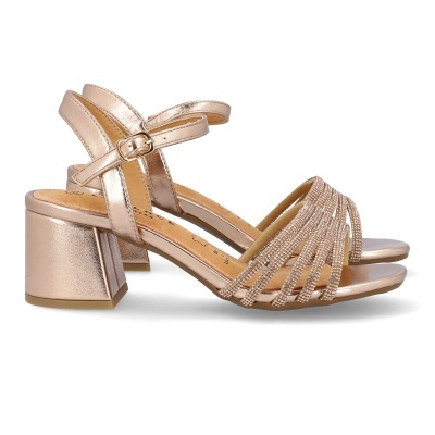 Sandálias de salto médio douradas com tiras e fivela