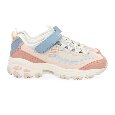 Tênis Skechers creme, rosa, azul pastel com fecho de velcro e sola branca