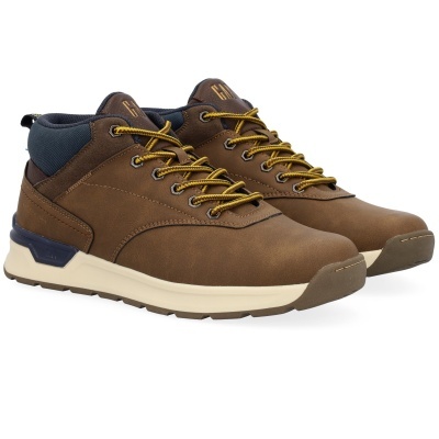 Sapatilhas tipo botas castanhas com atacadores amarelos e detalhes azul escuro
