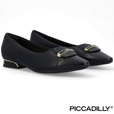 Sapatos femininos pretos com detalhe dourado e bico fino, marca PICCADILLY