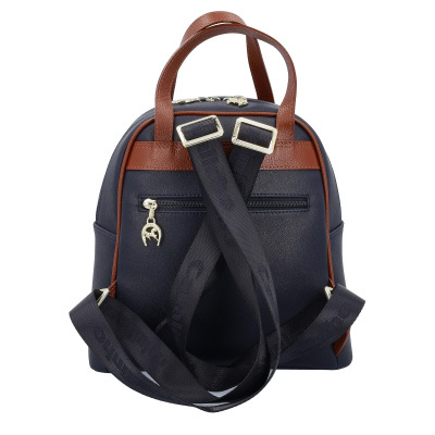 Mochila pequena azul escuro com detalhes castanhos e alças pretas