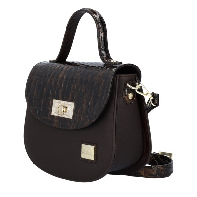 Mala castanho escuro com tampa e alça padrão pele crocodilo