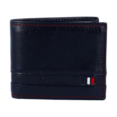 Carteira masculina de couro preto com costura vermelha e detalhe colorido