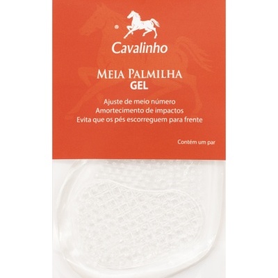 Embalagem de meia palmilha gel transparente Cavalinho com texto em português