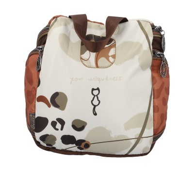 Mochila com padrão abstrato castanho e bege e desenho de gato preto