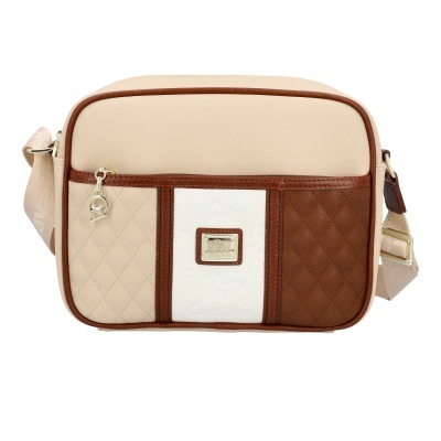 Bolsa retangular bege com detalhes castanhos e placa metálica Cavalinho